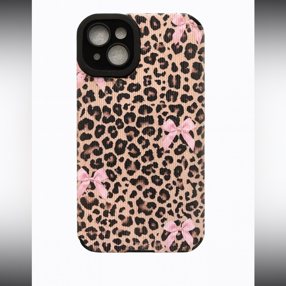 iPhone Phone Case Vertical Stripe PU Leopard Print with Pink Bows - Picture 4 of 5